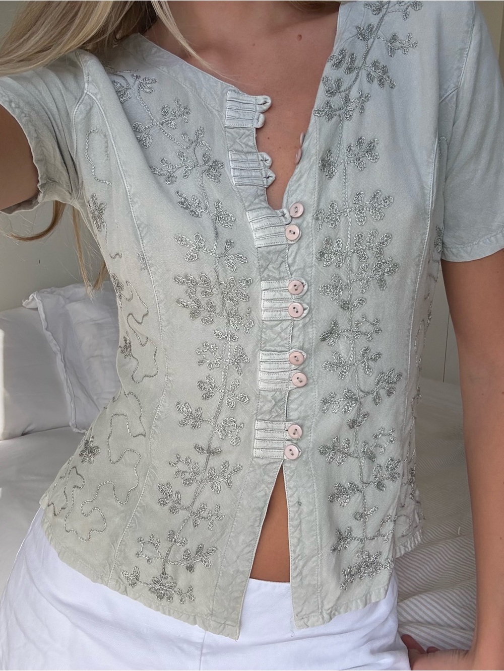 Embroidered sage green Short-Sleeve Button Front Top, tie back